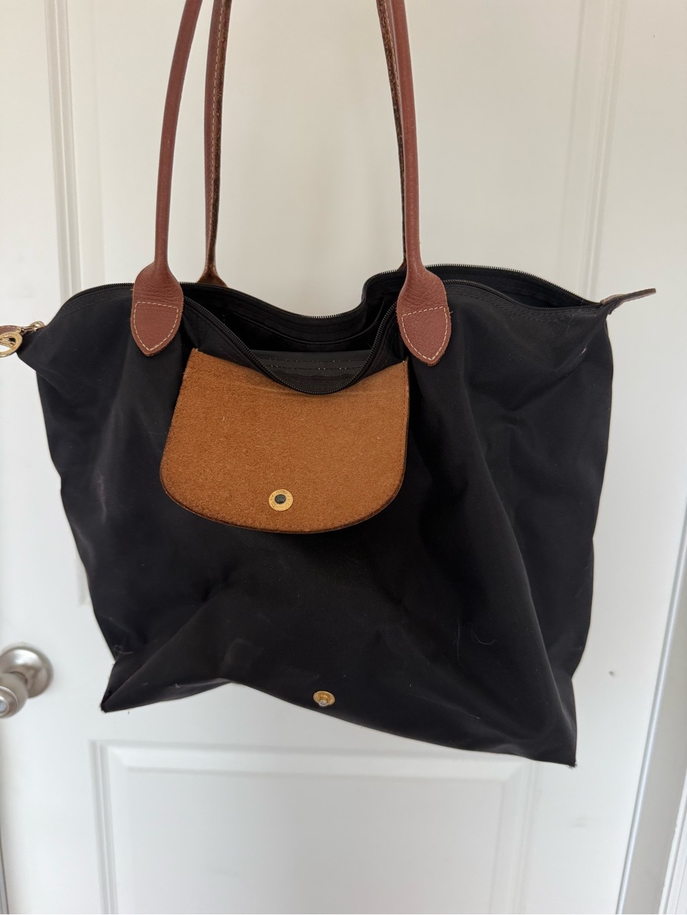 Longchamp Black Tote with Brown Trim